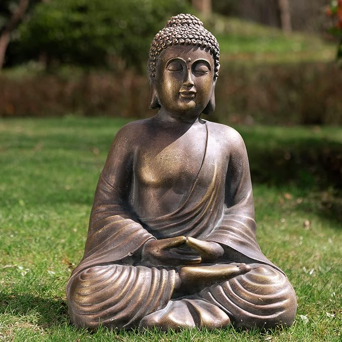 Glitzhome 19-inch Zen Meditation Buddha Garden Statue, Bronze Indoor and Outdoor Sculpture, Hand-Finished MGO & Fiberglass Decor for Home Patio Yard