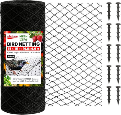 ATICCA Heavy Duty Bird Netting for Garden Protection & Fruit Trees, 15x15 Ft with 10 Stakes – Black Anti-Bird Net for Poultry, Deer, & Squirrel Protection, Durable Mesh for Garden and Yard Use