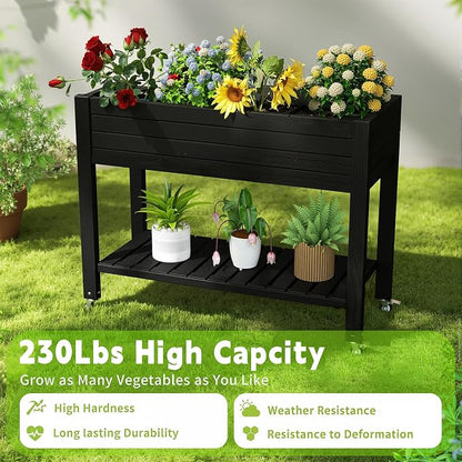 PatioZen Raised Garden Bed, 33.66" Tall Self-Watering Resin Planter Box with Legs & Lockable Wheels Drainage Plug and Gauge for Flowers, Vegetables, Storage Shelf for Tools and Accessories Black