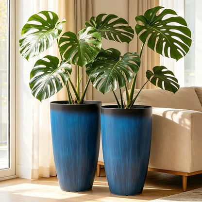 Autodaya 23.8" Tall Planters Set of 2, Large Plastic Plant Pots with Artistic Floating Cobalt Blue Glaze, UV-Resistant Lightweight PP Flower Pots for Outdoor Indoor Plants, Garden, Patio, Deck, Porch | Artistic Floating Cobalt Blue Glaze, Lightweight U...