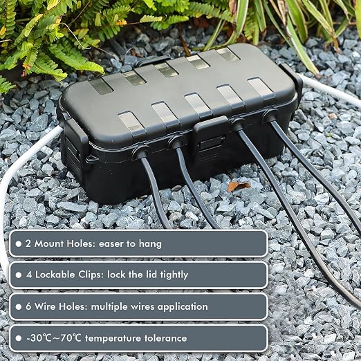 RESTMO Outdoor Electrical Box, IP54 Weatherproof Extension Cord Cover with 6 Cable Entry Ports, Waterproof Connection Box Protect Power Strip, Timer, Plug, Holiday Lights, (11.5x5.2x4 inch), Black