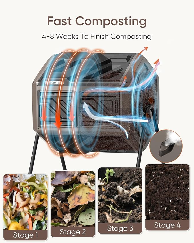 THE Growing 43 Gal Outdoor Compost Bin Tumbler for Backyard Garden, Brown | Twin 21.5gal chambers blend with landscapes. Pre-embedded nuts for fast setup. Durable resin deters pests and bad odors.