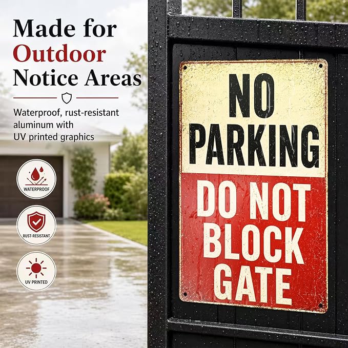 No Parking Tin Sign, 12 x 8 Inch Do Not Block Gate Aluminum Metal Wall Decor, Vintage Notice Sign for Driveway, Garage, Fence, Farm Entrance