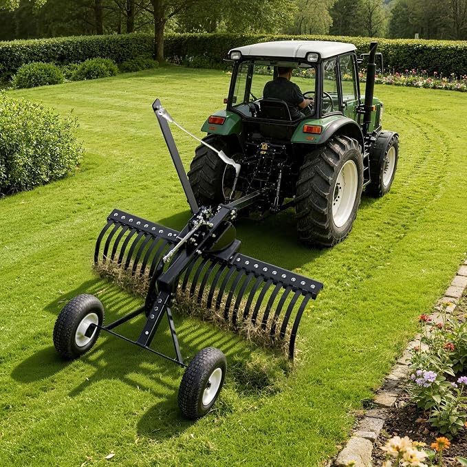 VEVOR 48in Tow Behind Landscape Rake, Pull Behind Lawn Rock Rakes for ATV Mower Tractors, 24 Durable Steel Tines, Adjustable Height & Angle, Heavy Duty Dethatcher Rake for Leaves Debris