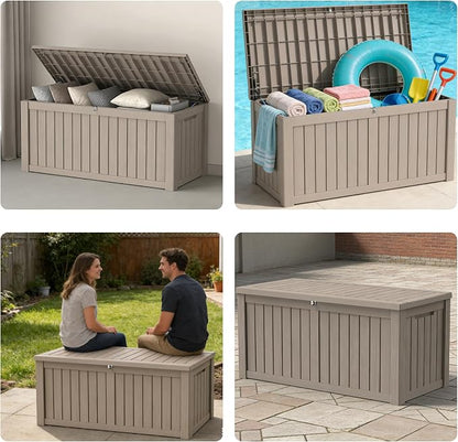 150 Gallon Outdoor Storage Box Resin Deck Box All Weather Waterproof Large Lockable Storage Container Deck Box for Patio Furniture, Garden Tools, Lockable, Gray New