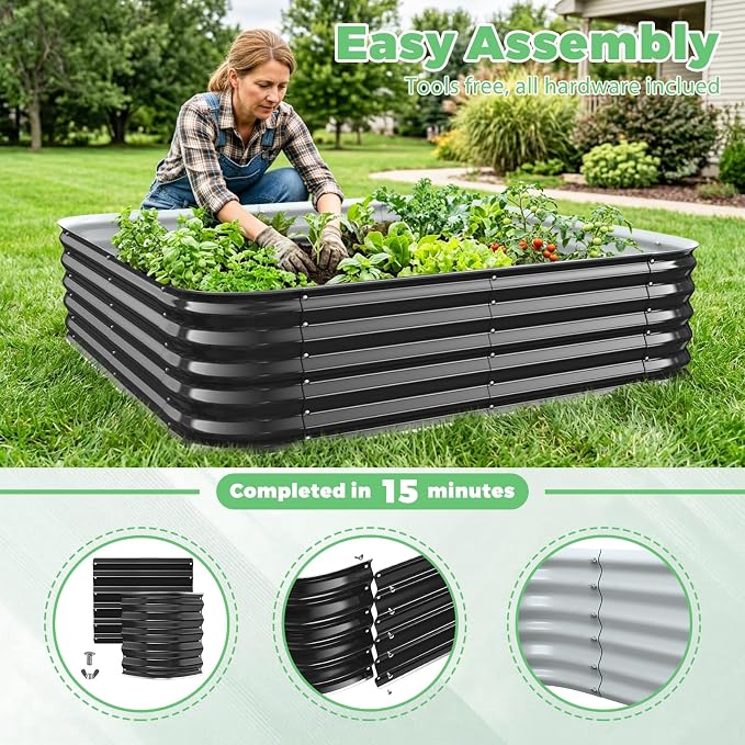 Black Painted Galvanized Raised Garden Bed, Garden Planter Bed Outdoor, Heavy Duty Rustproof Steel Raised Bed Kit for Gardening Vegetables Fruits Flowers Grow (Black, 4x4x1.5ft)