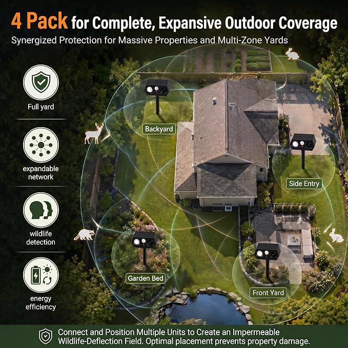 2026 Upgraded Solar Animal Repellent Deer Repellent Outdoor Waterproof Pest Deterrent, Cat Raccoon Skunk Squirrel Rabbit Repellent for Yard Garden Farm,Waterproof IP65, Motion Detection,4 Pack Black