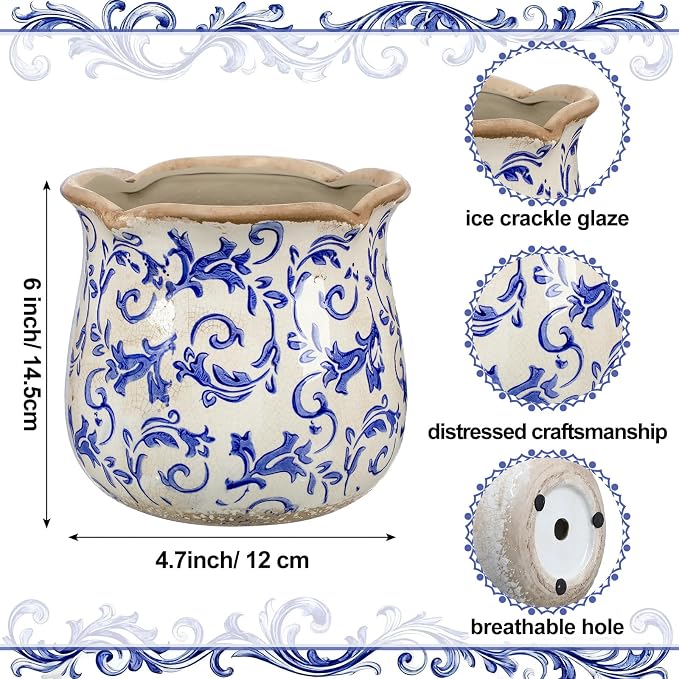 Newtay 6 Inch Ceramic Plants Pots Vintage Ceramic Flower Planters Crackle Glaze Finish Flower Pots Decorative Floral Vintage Planters for Living Room Garden Home Decor Gifts(Chinoiserie)