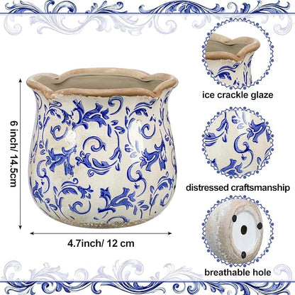Newtay 6 Inch Ceramic Plants Pots Vintage Ceramic Flower Planters Crackle Glaze Finish Flower Pots Decorative Floral Vintage Planters for Living Room Garden Home Decor Gifts(Chinoiserie)