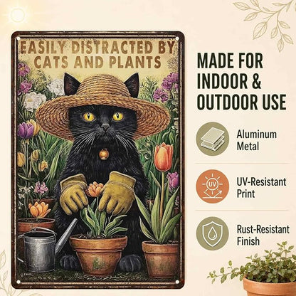 PEACHGARDEN Funny Garden Signs with Cats for Outside Sign Easily Distracted by Cats and Plants Vintage Metal Wall Art for Home Farmhouse Kitchen Outdoor Gift 8x12inch