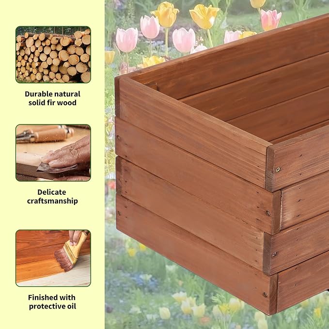 Fir Wood Raised Garden Bed Rectangular Planter for Outdoor Tomato Planter | For Herbs & Flowers Garden Includes Fabric Planter Liner, 4 Drainage Holes