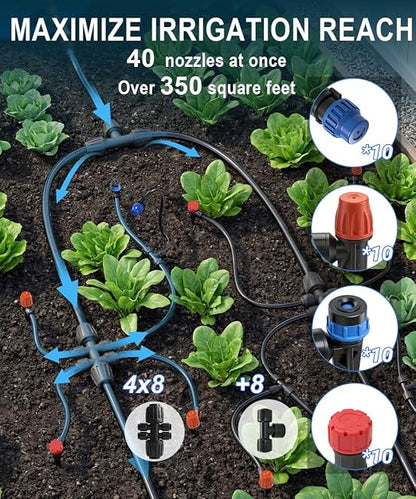 1/2" Drip Irrigation System Kit with 55 Adjustable Nozzles, PE UV-Resistant | Quick-connect, 2X Lifespan of PVC , Leak-Proof for Indoor Pots, 50FT 1/2" Main tube+ 197FT 1/4" Tube, 4 Nozzle Types