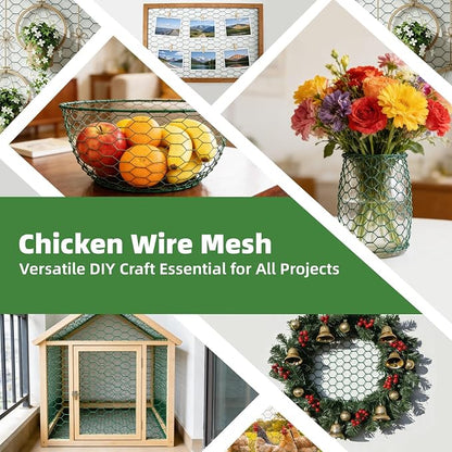 Chicken Wire for Floral Arrangements - Hexagonal Galvanized PVC Coated Poultry Wire Mesh Netting with Gloves, Wire Cutter & Zip Ties for Crafts, Poultry, Gardening Fence (15.7 x 393 lnches)