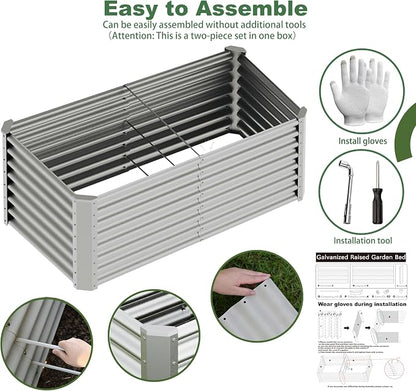 4x2x2ft(2 Pack) Raised Garden Bed Kit,Galvanized Steel Raised Garden beds for Outdoor, Metal Planter Raised Beds for Vegetables,Fruits, Flower,Silver