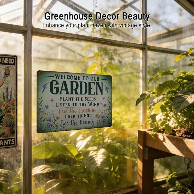 Vintage Garden Decor Gardening Art Signs Plant Lovers' Gifts | Motivational Greenhouse Yard Fence She Shed Wall Decor Women Gardeners Welcome To Our Garden Tin Sign 12x8 Inch Weather-proof