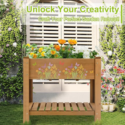 ketive Raised Garden Bed with Legs - Elevated Wooden Planter Box, Durable Fir Wood, Reinforced Frame with Drainage Holes, Liner, and Storage Shelf for Vegetables, Herbs, Flowers, 33.5" x 18" x 30"