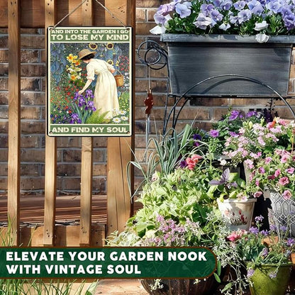 PEACHGARDEN Garden Signs and Into The Garden I Go Women's Gardening Gift Metal Sign Yard Wall Art Decor for Patio Porch Backyard 12x16 inch