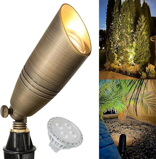 GKOLED Brass LED Outdoor Landscape Spotlights, 12V Low Voltage Spot Light, Waterproof Landscape Lights, Uplighting for Garden, Tree, Yard, Antique Bronze Accent Lighting Fixture with MR16 Bulb