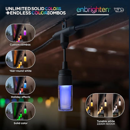 Enbrighten Vibe Modern Outdoor String Lights, 48ft, 24 RGBWIC Acrylic Bulbs, Weatherproof, Perfect for Gameday, Holidays, and More, Smart App Control, Compatible with Alexa, Google Home, 84013