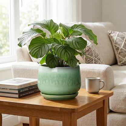 9 Inch Plant Pot - Ceramic Planter with Drainage Hole and Saucer, Decorative Ceramic Pots for Indoor Plants, Round Durable Flower Pot, Office House Patio Decor, Gifts for Plant Lovers, Green