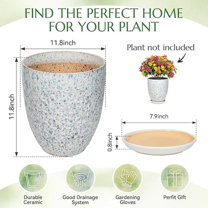 11.8 Inch Flower Pots for Indoor Plants,Ceramic Planter with Saucer Drainage Leak-Proof Mesh Gardening Gloves (Spotted Blue)