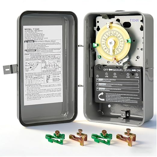 T104R Pool Timer Replacement, 24-Hour Mechanical Timer Switch for Pool Pump | 208-277V 40A DPST Mechanical pool timers, in a Type 3R outdoor metal box - 24-hour timers for Pump Lights HVAC Systems