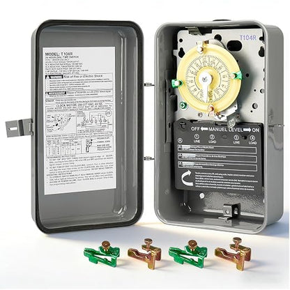 T104R Pool Timer Replacement, 24-Hour Mechanical Timer Switch for Pool Pump | 208-277V 40A DPST Mechanical pool timers, in a Type 3R outdoor metal box - 24-hour timers for Pump Lights HVAC Systems