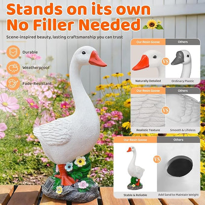 Large Porch Goose Statue with Solar Garden Light,20 Inch Realistic Hand-Painted Goose Sculpture, All-Weather Resin Outdoor Decor for Garden, Yard, Patio, Fits Standard Goose Porch Duck Outfits,White