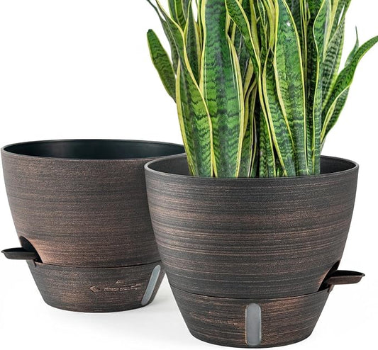 ZMTECH 12 Inch Self Watering Pots for Indoor/Outdoor Plants, 2 Pack Bronze Large Plastic Planter with Water Level Indicator, Drainage Hole & Removable Saucer for Garden Flowers, Deco Plant Container