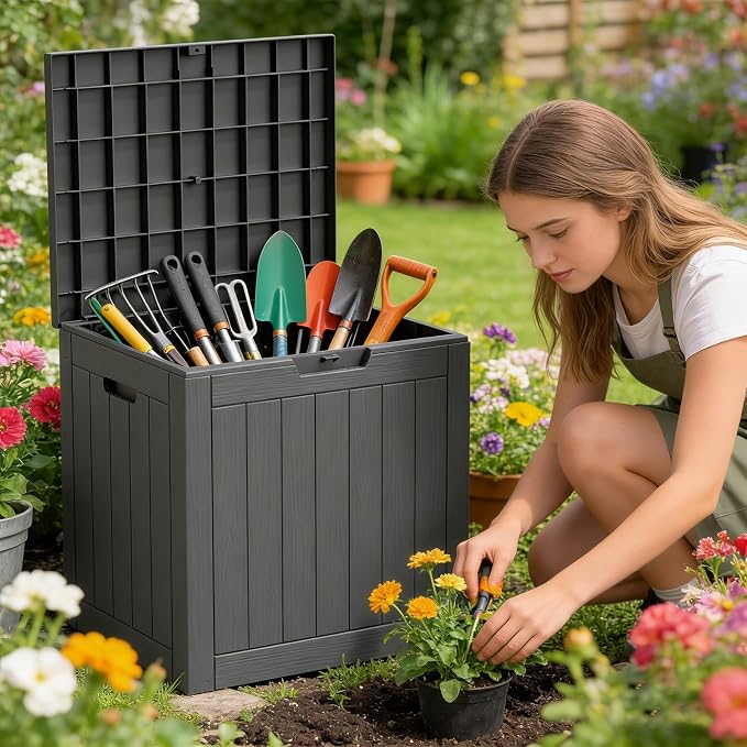 35 Gallon Resin Deck Box All Weather Outdoor Storage Box for Patio Furniture, Garden Tools, Lockable, Black