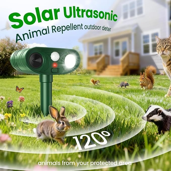 2026 Upgraded Ultrasonic Solar Animal Repellent Outdoor, Cat Repellent Outdoor, Deer Repellent Devices Waterproof with Motion-Activated Deterrent, Repels Squirrel, Deer, Raccoon for Yard, 4 Packs