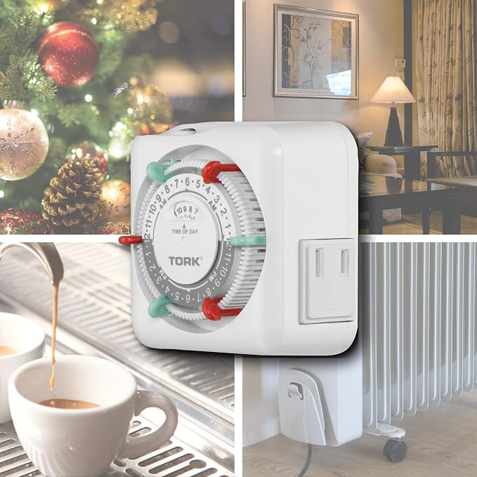 NSi Industries TORK RTN112 Indoor 15-Amp Plug-in Mechanical Appliance Timer 24-Hour Programming – GREEN & RED Trippers TWO Receptacles White