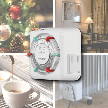 NSi Industries TORK RTN112 Indoor 15-Amp Plug-in Mechanical Appliance Timer 24-Hour Programming – GREEN & RED Trippers TWO Receptacles White
