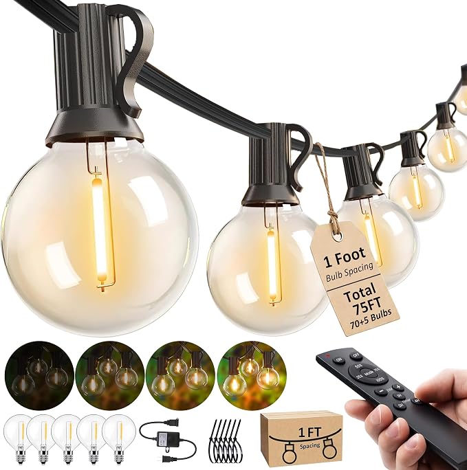 LED Outdoor-String-Lights with Remote 75FT Waterproof Patio lights for Yard | 1FT Bulbs Apart, Dimmable Edison lights String, Connectable Patio Lights with Remote,Timer, 3 Modes for Backyard, Bistro