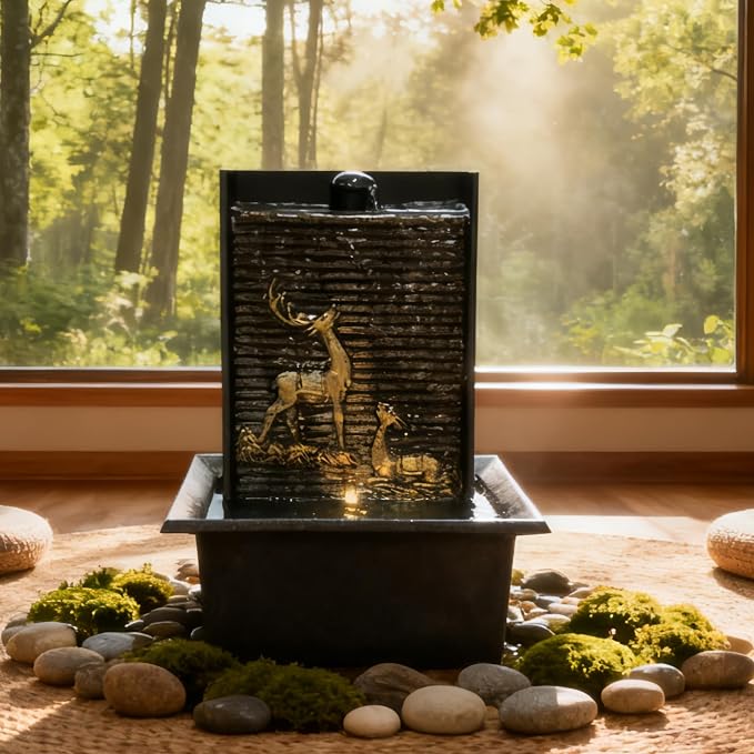 Water Wall Waterfall Fountain, Gold Deer Relief Wall Fountain for Home Office, Indoor Zen Vertical Waterfall with Warm Light for Zen Relaxation & Decor