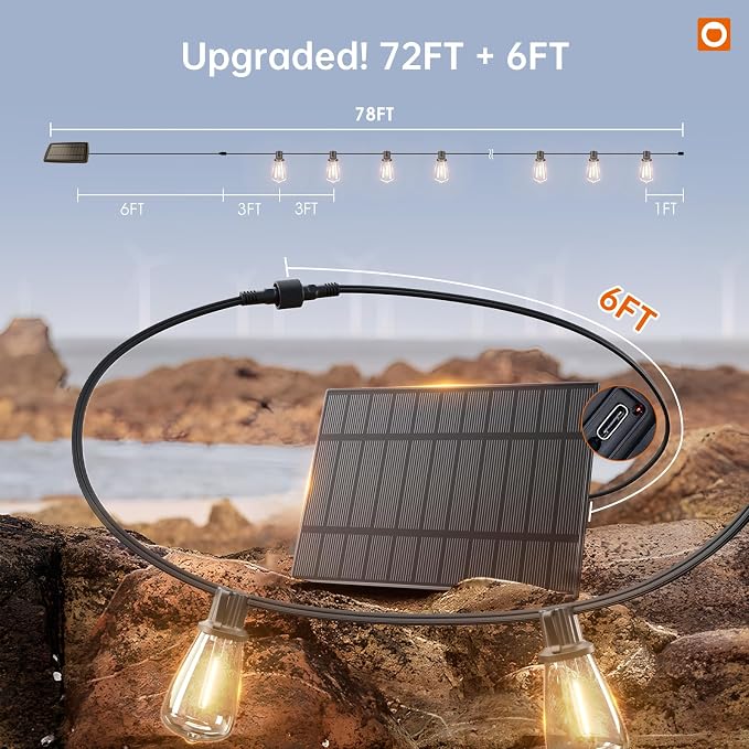 addlon 78FT(72+6) Solar String Lights Outdoor, Waterproof Solar Powered Outside Lights with Remote & USB Port, ST38 LED Shatterproof Bulbs, Dimmable Solar Light for Camping Backyard Porch