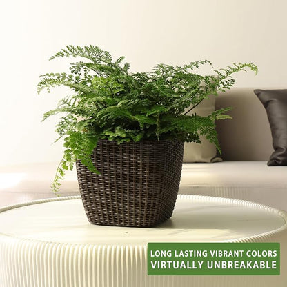 Dexceder 9x8 Self Watering Planter (Brown Rattan) | Inner Mat Design, Thickened Table Flower Plant Pot with Water Level Indicator Indoor Outdoor