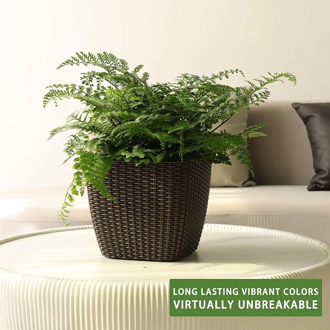 Dexceder 11x10 Self Watering Planter (Brown Rattan) | Inner Mat Design, Thickened Table Flower Plant Pot with Water Level Indicator Indoor Outdoor