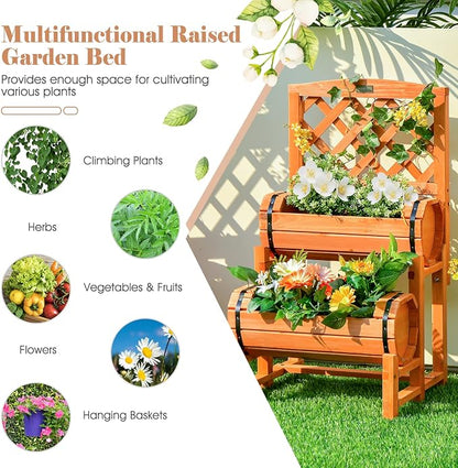 Giantex Raised Garden Bed with 2 Barrel Planters & Trellis, 2-Tier Freestanding Wooden Raised Bed for Vegetable Flower Fruit, Indoor Outdoor Plant Box for Garden Yard Balcony