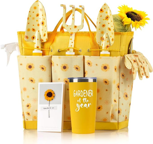 Garden Tool Set with Sunflower Print, Heavy Duty Gardening Hand Tools with Garden Tool Bag,Gardening Gifts for Women&Men,Yellow