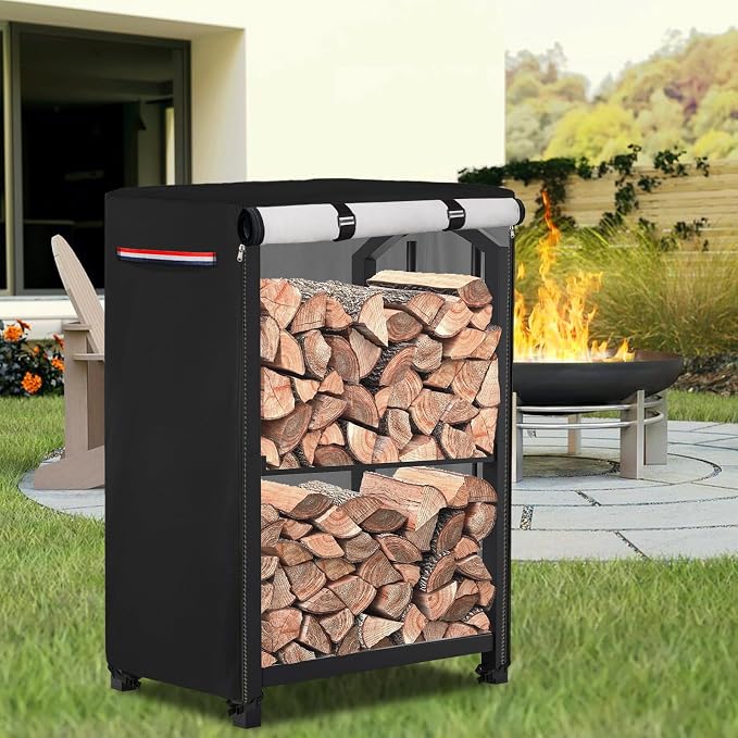 17 Inch Firewood Rack Cover,Heavy Duty 600D Waterproof Outdoor Firewood Storage Rack Cover,Wood Rack Cover for 2-Tiers Small Log Holders for Firewood.(14" D x 17" W x 30" H,Cover Only)