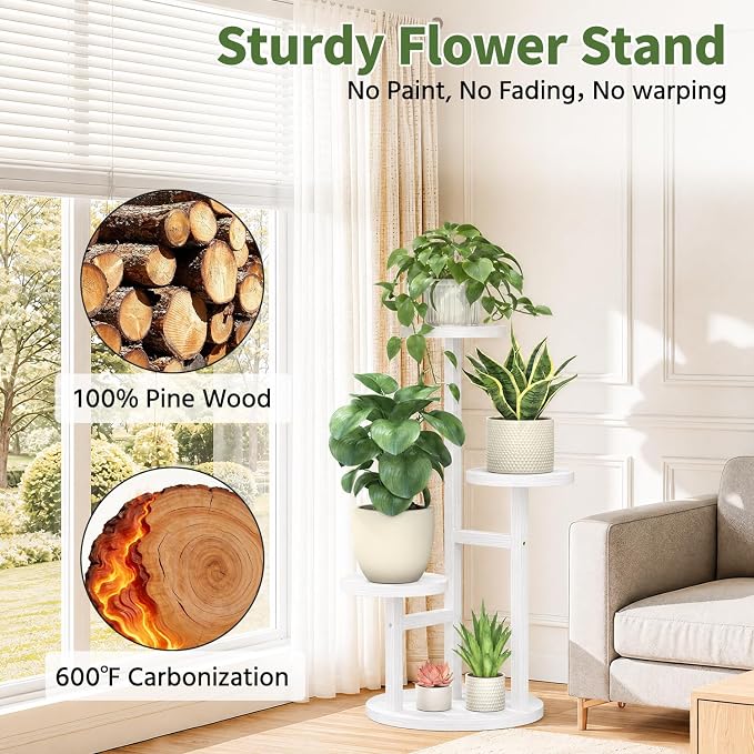LASZOLA 3 Tiered Wood Plant Stand Indoor Corner, Flower Holder Rack Tall for Multiple Plants, Rustic Planter Shelf Display for Patio Garden Balcony Living Room, White