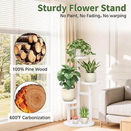 LASZOLA 3 Tiered Wood Plant Stand Indoor Corner, Flower Holder Rack Tall for Multiple Plants, Rustic Planter Shelf Display for Patio Garden Balcony Living Room, White
