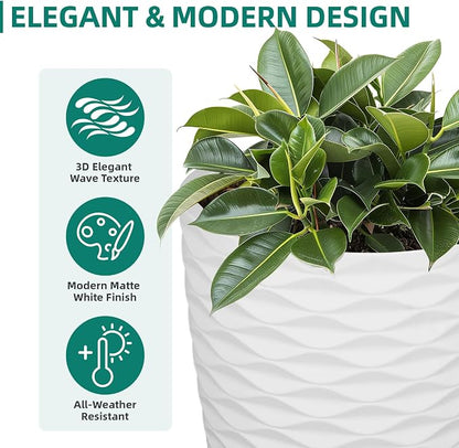 2-Pack 19" White Resin Tall Outdoor Planters with Wave Texture | High-density resin planters with Nordic wave texture, drainage holes, and weather-resistant finish for porch or patio