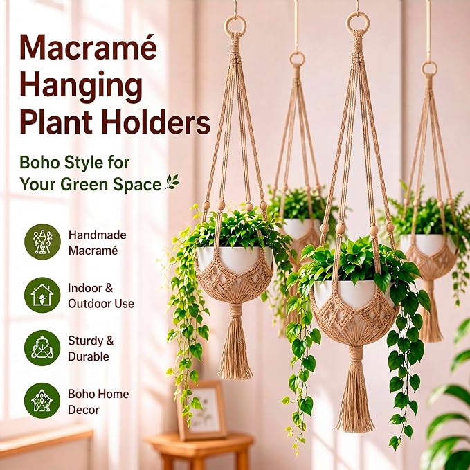 Shappy 2 Pack Boho Macrame Plant Hanger, Large Hanging Planter Plant Holder Pot Hanger Hanging Basket Wall Planters, Plants Lover Gift for Indoor Garden (Wooden Ring and Wooden Beads,Jute Color)