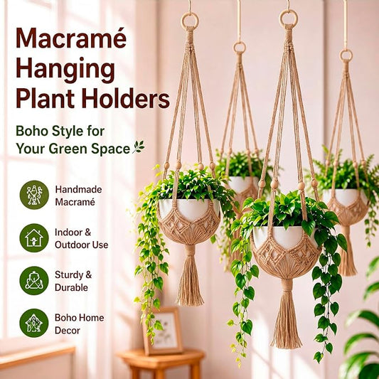 Shappy 2 Pack Boho Macrame Plant Hanger, Large Hanging Planter Plant Holder Pot Hanger Hanging Basket Wall Planters, Plants Lover Gift for Indoor Garden (Wooden Ring and Wooden Beads,Jute Color)