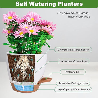 Vanslogreen Flower Pots, 8/7/6.5/6/5.5/5 Inch Self Watering Planters for Indoor Outdoor Plants with Drainage Hole, Plastic Planters for House Plants(White)