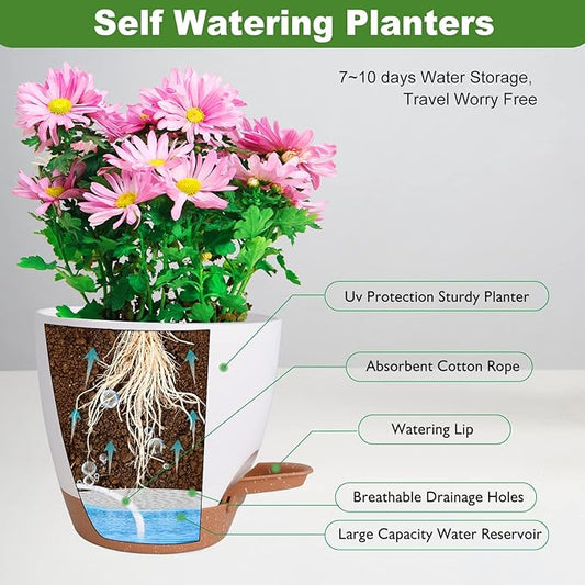 Vanslogreen Flower Pots, 8/7/6.5/6/5.5/5 Inch Self Watering Planters for Indoor Outdoor Plants with Drainage Hole, Plastic Planters for House Plants(White)