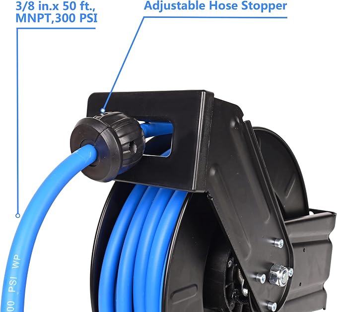 Eisen Air Hose Reel 3/8 in x 50 ft Premium Heavy-Duty Flexiable Hybrid Air Hose. Ceiling/Wall Mount, Retractable Air Compressor Hose Reel, 300 PSI Flexiable Hybrid Hose, black and blue