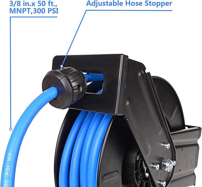 Eisen Air Hose Reel 3/8 in x 50 ft Premium Heavy-Duty Flexiable Hybrid Air Hose. Ceiling/Wall Mount, Retractable Air Compressor Hose Reel, 300 PSI Flexiable Hybrid Hose, black and blue